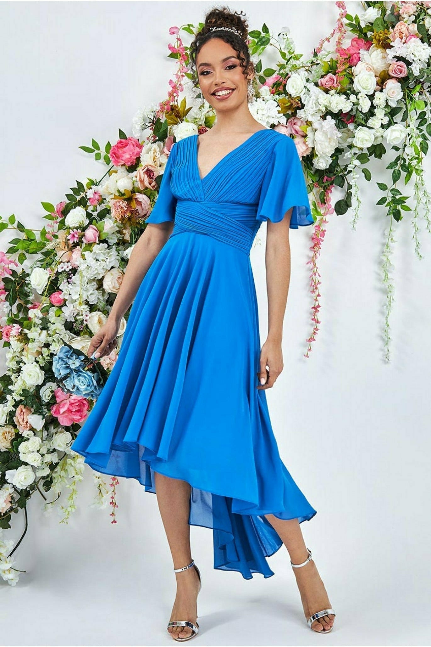 Goddiva Pleated Chiffon High Low Midi Dress - Atlantic Blue