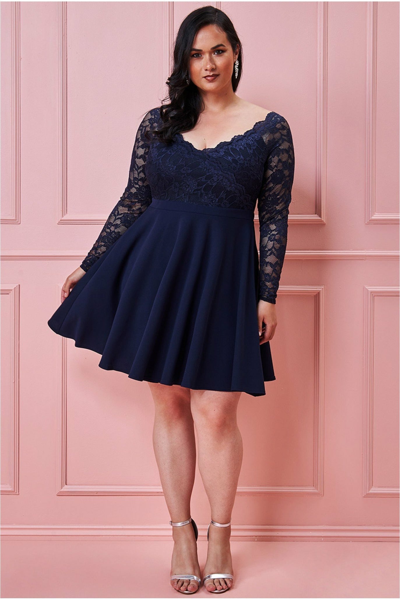 Goddiva Plus Off The Shoulder Lace Skater Dress - Navy