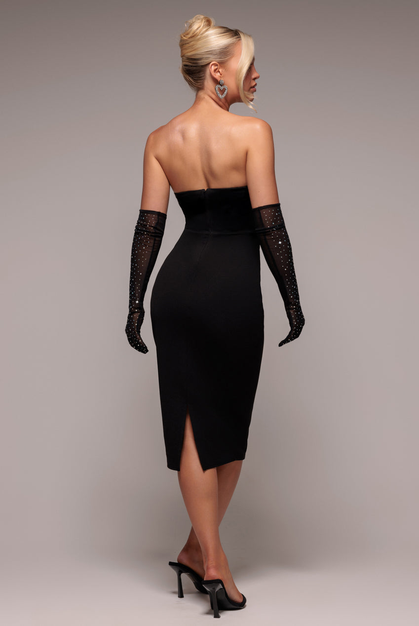 Goddiva Strapless Super Plunge Diamante Neck Midi Dress - Black