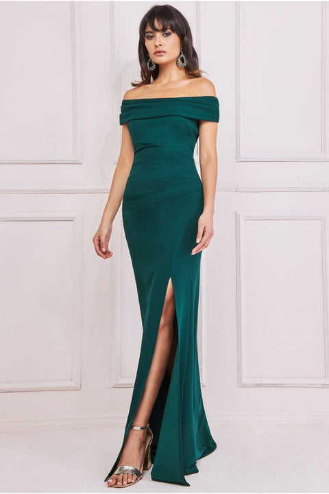 Goddiva Off The Shoulder Maxi With Split - Emerald