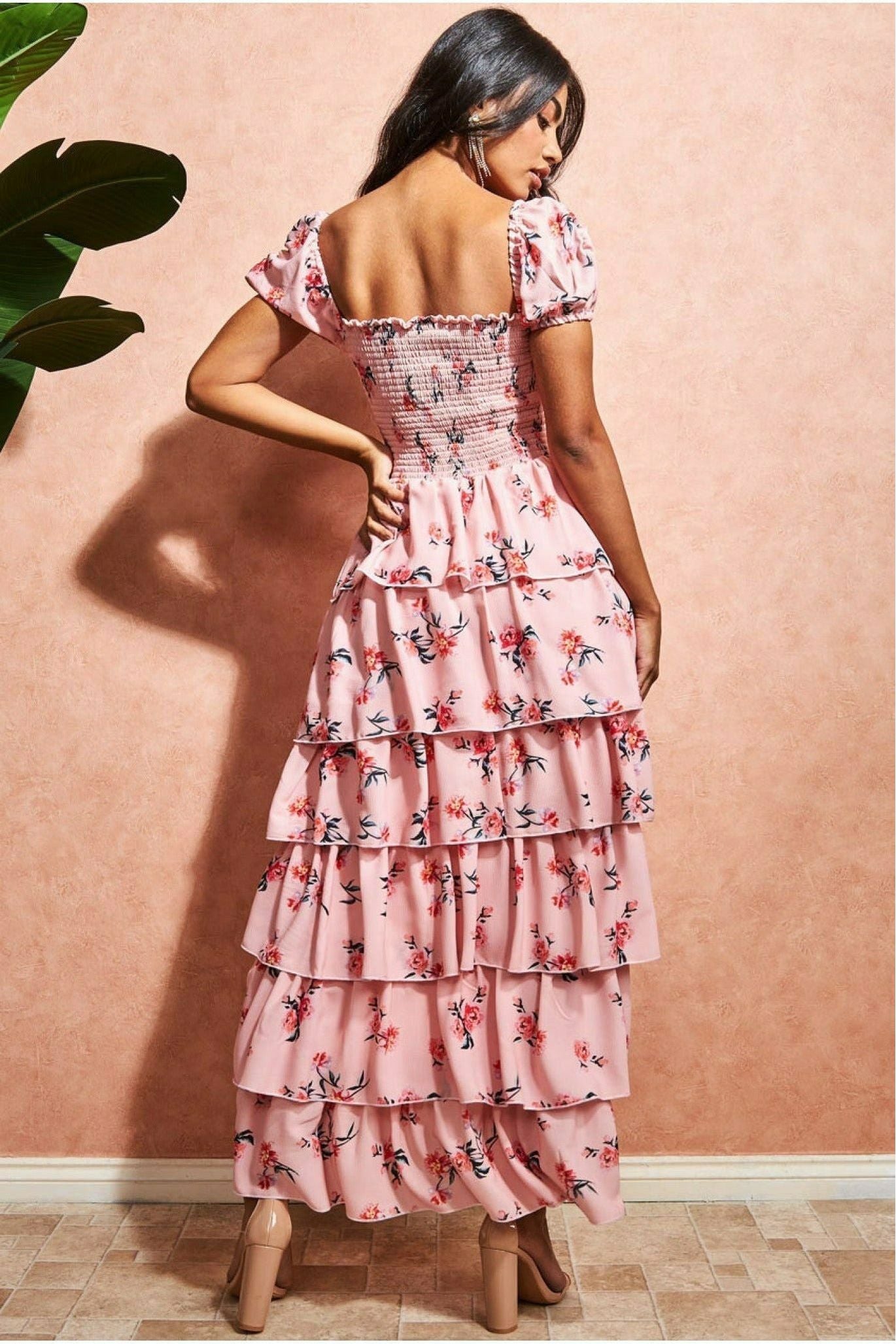 Goddiva Layered Dipped Hem Floral Maxi - Peach