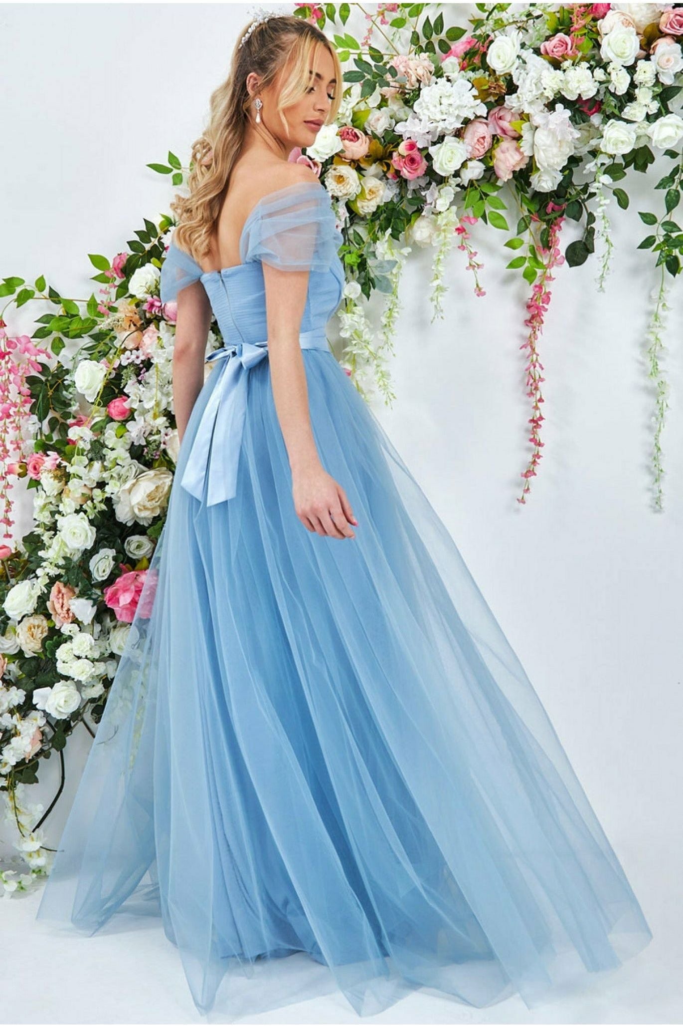 Goddiva Off The Shoulder Princess Maxi Dress - Powder Blue