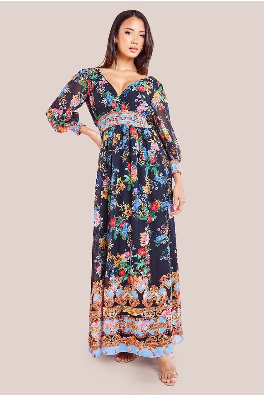 Goddiva Chiffon Wrap Border Floral Print Maxi Dress - Black