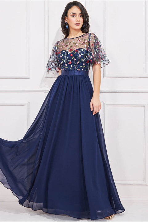 Goddiva Embroidered Top Flutter Sleeve Maxi - Navy