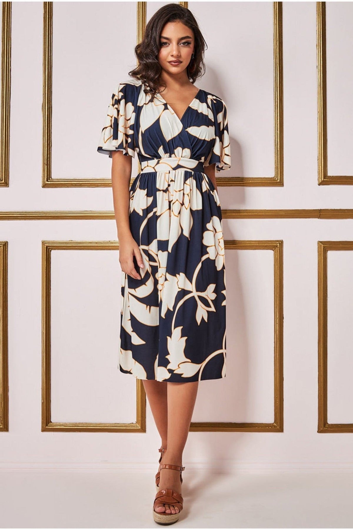 Goddiva Leaf Print Flutter Sleeve Midi - Navy