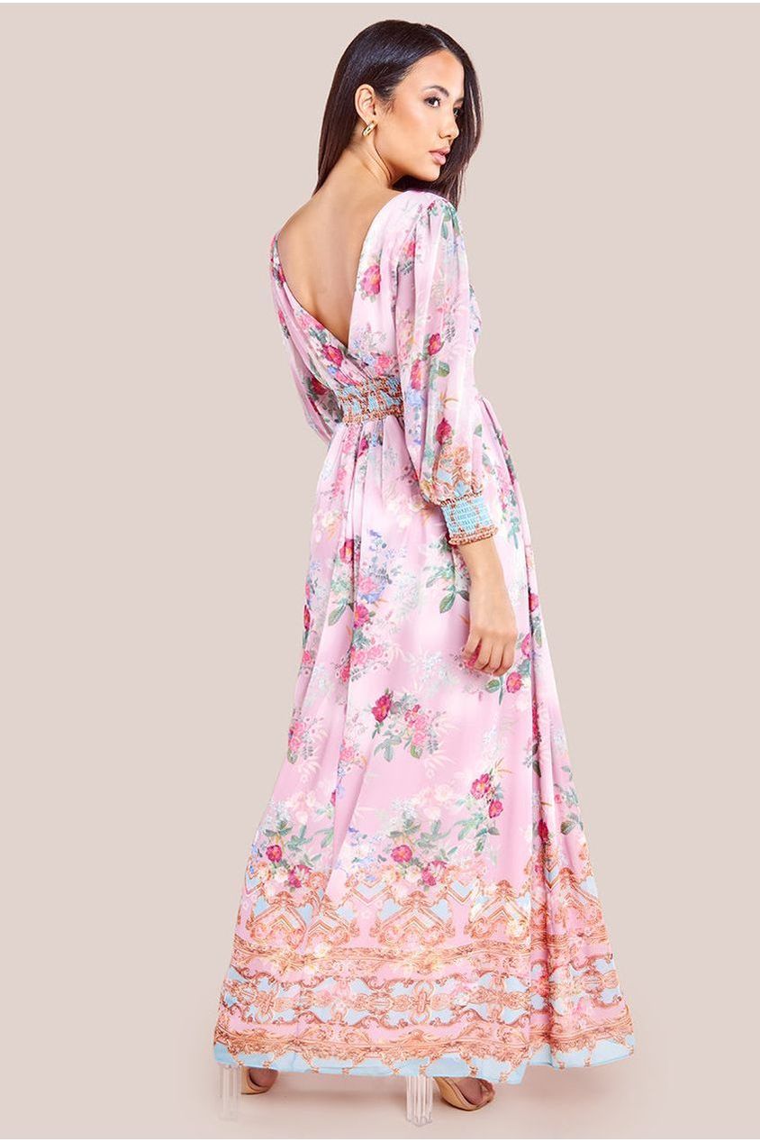 Goddiva Chiffon Wrap Border Floral Print Maxi Dress - Pink