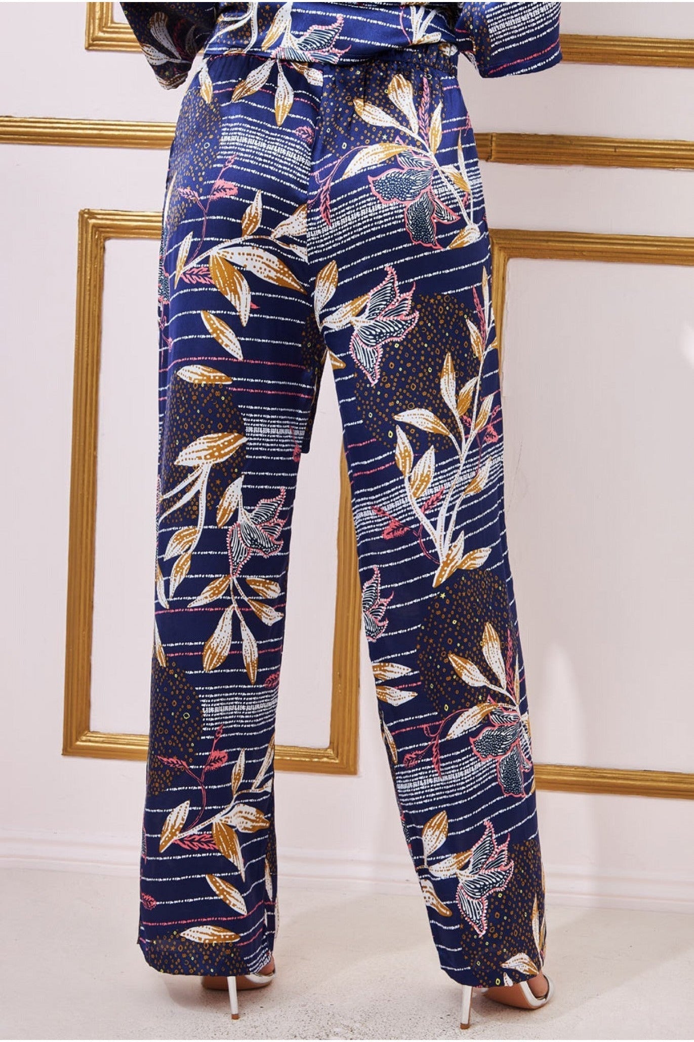 Goddiva Printed Satin Wide Leg Pant - Navy