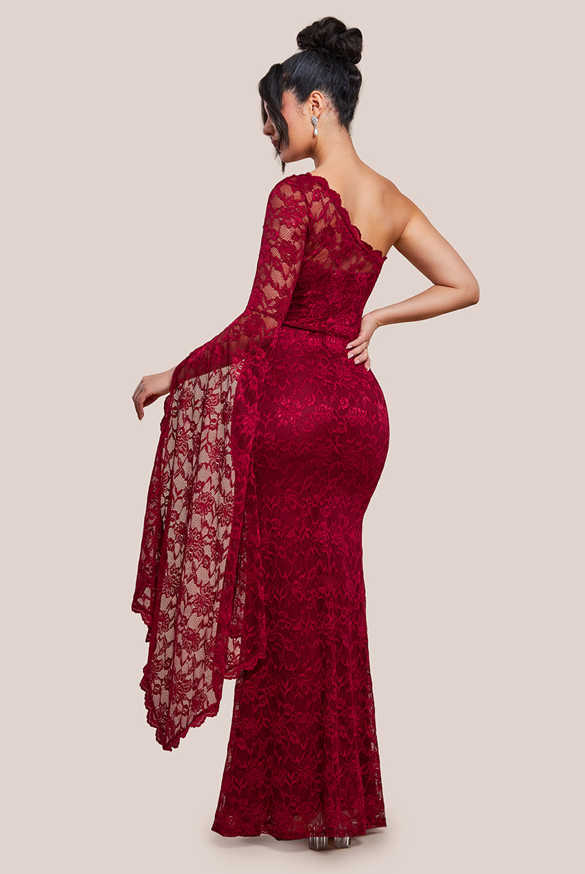 Goddiva One Shoulder Scalloped Neck Maxi Dress - Wine