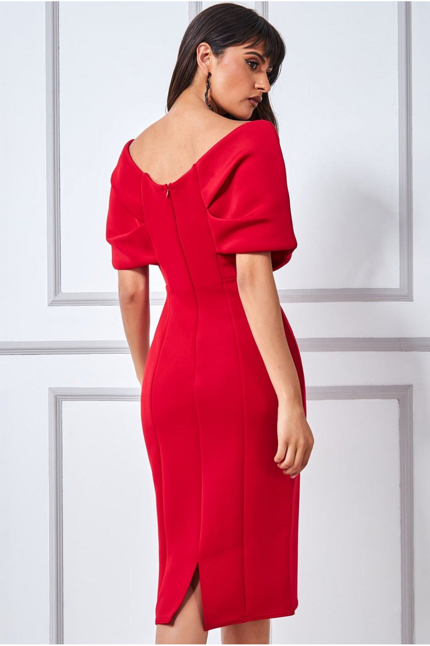 Goddiva Off The Shoulder Scuba Foam Midi Dress - Red