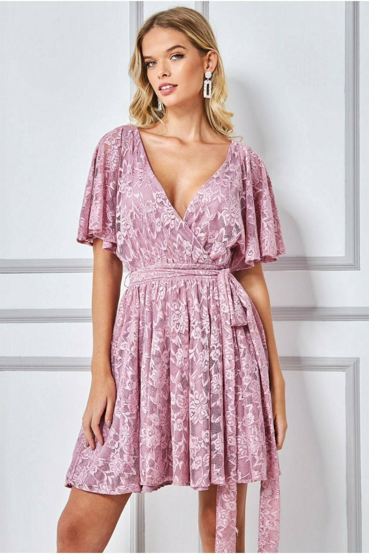 Goddiva Lace Kimono Wrap Skater Mini Dress - Mauve