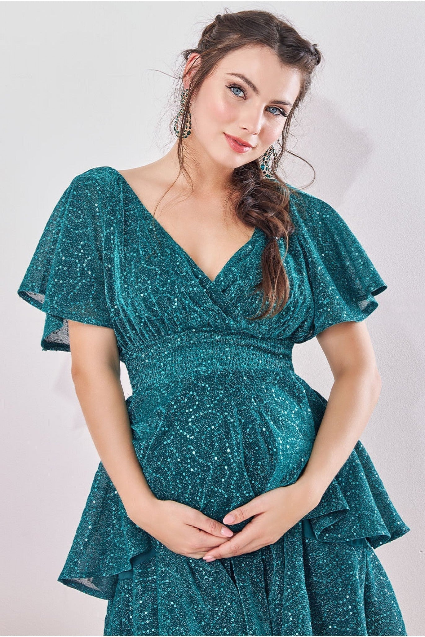 Goddiva Maternity Sequin Lurex Tiered Midi Teal Blue