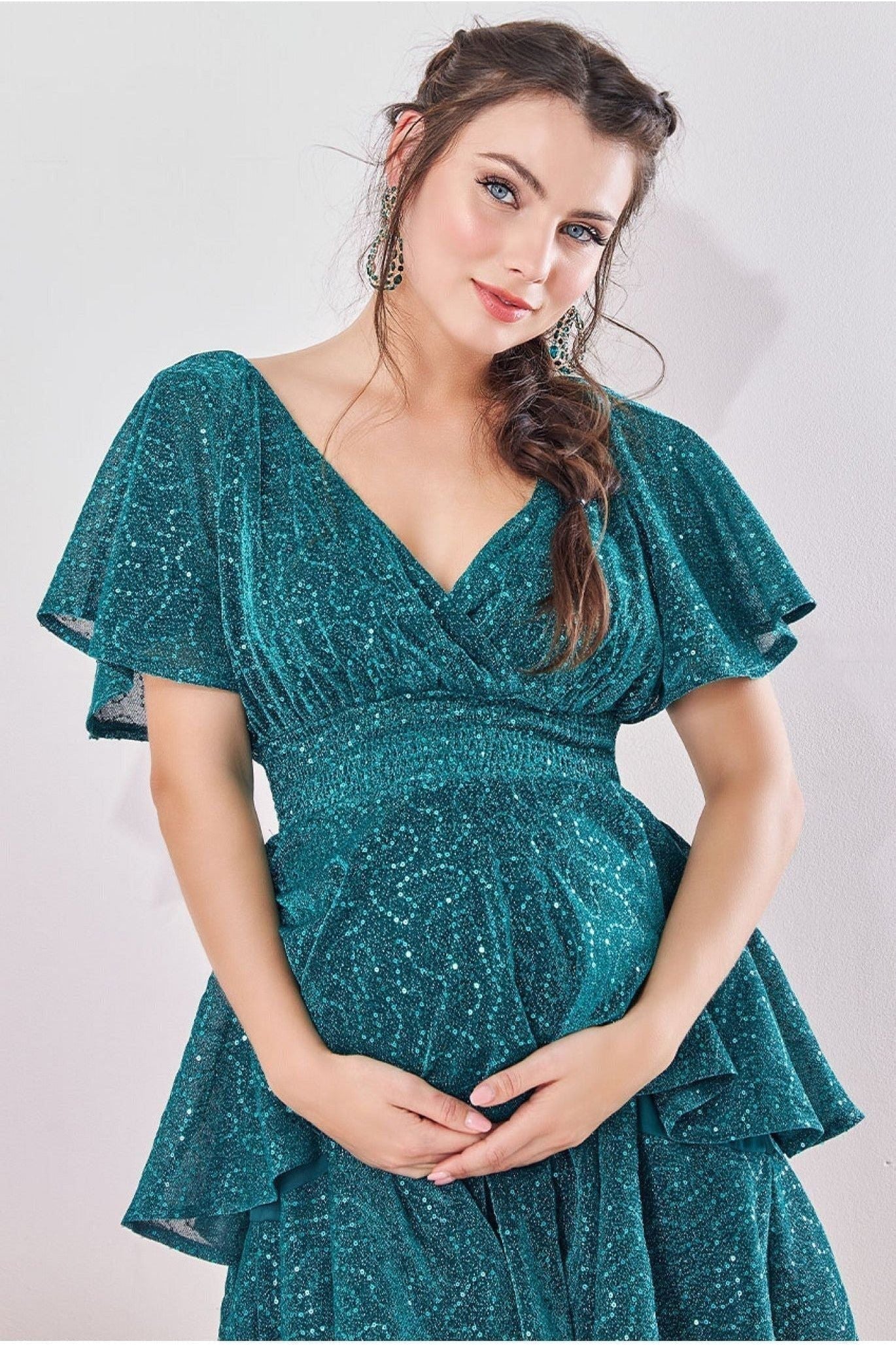 Goddiva Maternity Sequin Lurex Tiered Midi Teal Blue