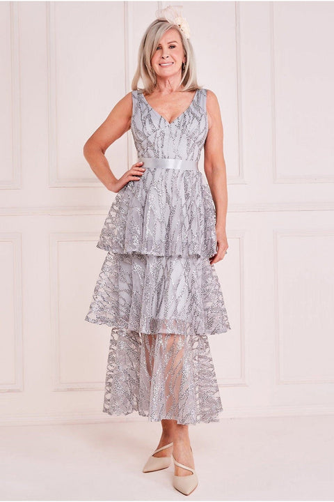 Goddiva Embroidered Mesh Layered Midi - Gray