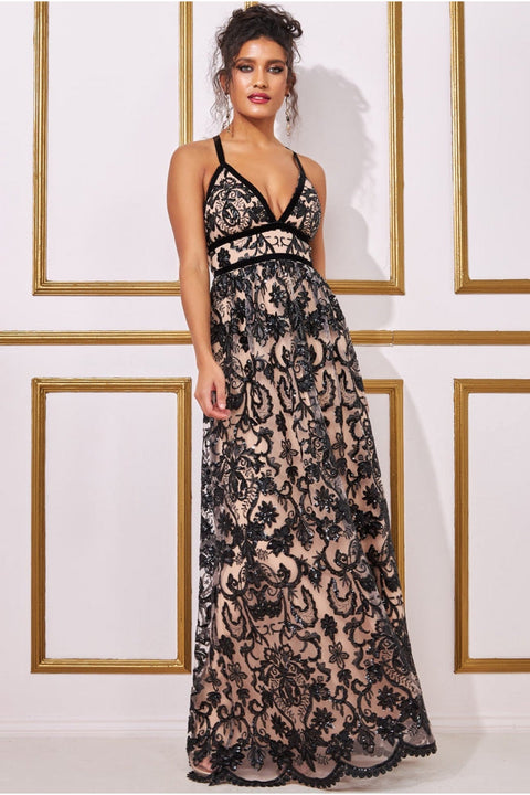 Goddiva Open Back Sequin & Mesh Maxi Dress - Black