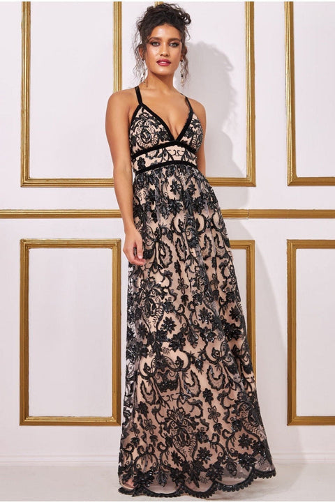 Goddiva Open Back Sequin & Mesh Maxi Dress - Black