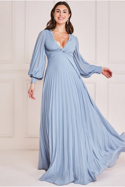 Blue - Goddiva Fully Pleated Chiffon Maxi Dress - Blue