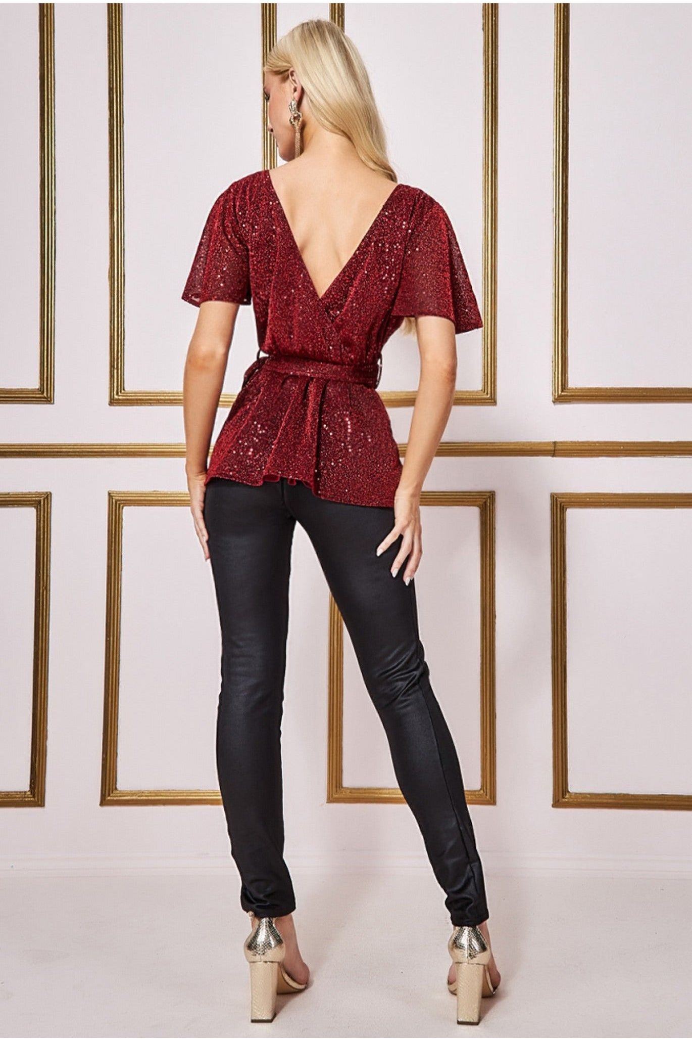 Goddiva Lurex Flutter Sleeve Wrap Top - Wine