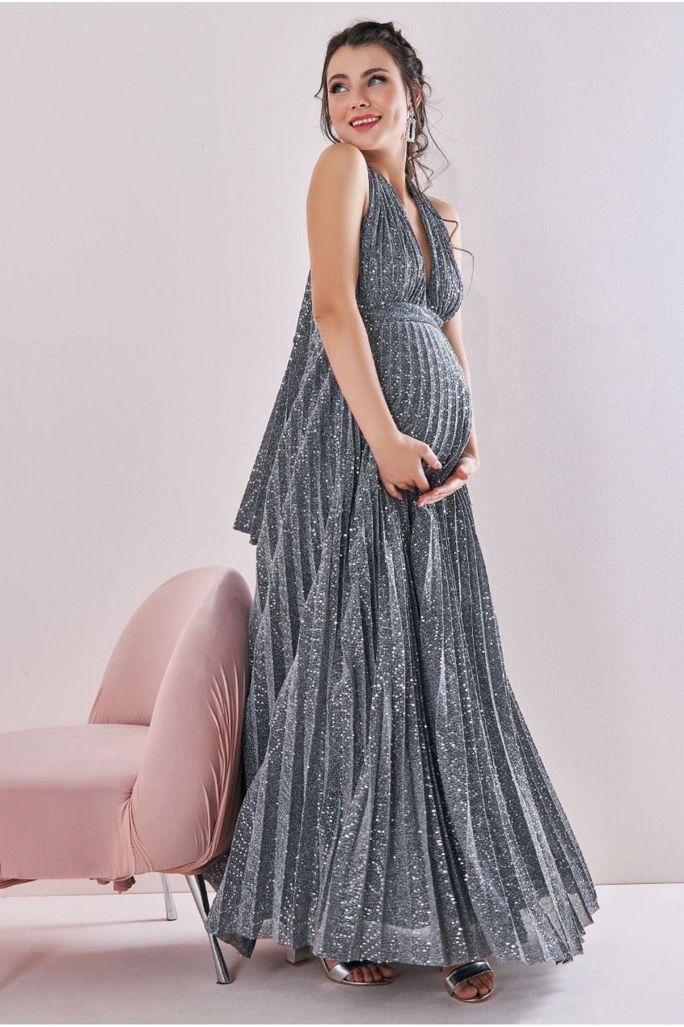 Goddiva Maternity Halter Sequin Lurex Maxi Silver