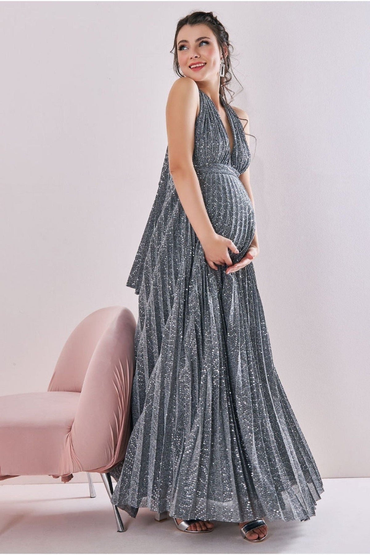 Goddiva Maternity Halter Sequin Lurex Maxi Silver