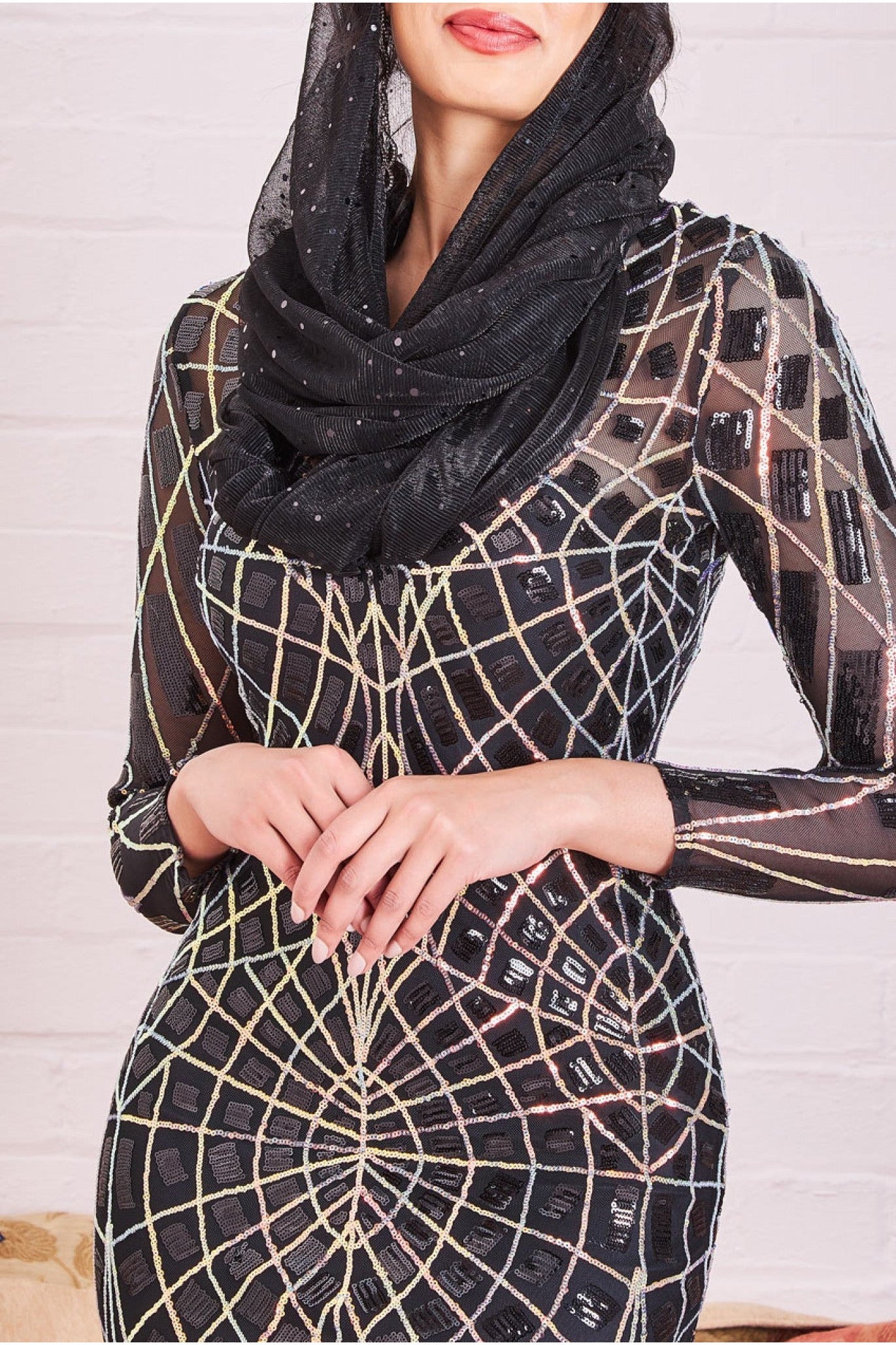 Goddiva Modesty Geo Sequin Maxi Dress - Black
