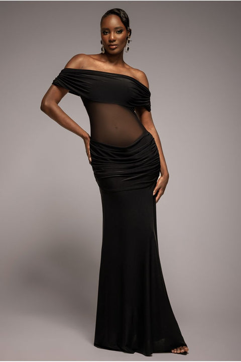 Goddiva Gathered Off The Shoulder Mesh Waist Panel Maxi Dress - Black
