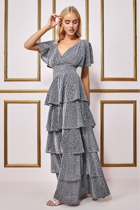 Goddiva Sequin Lurex Tiered Maxi Dress - Silver