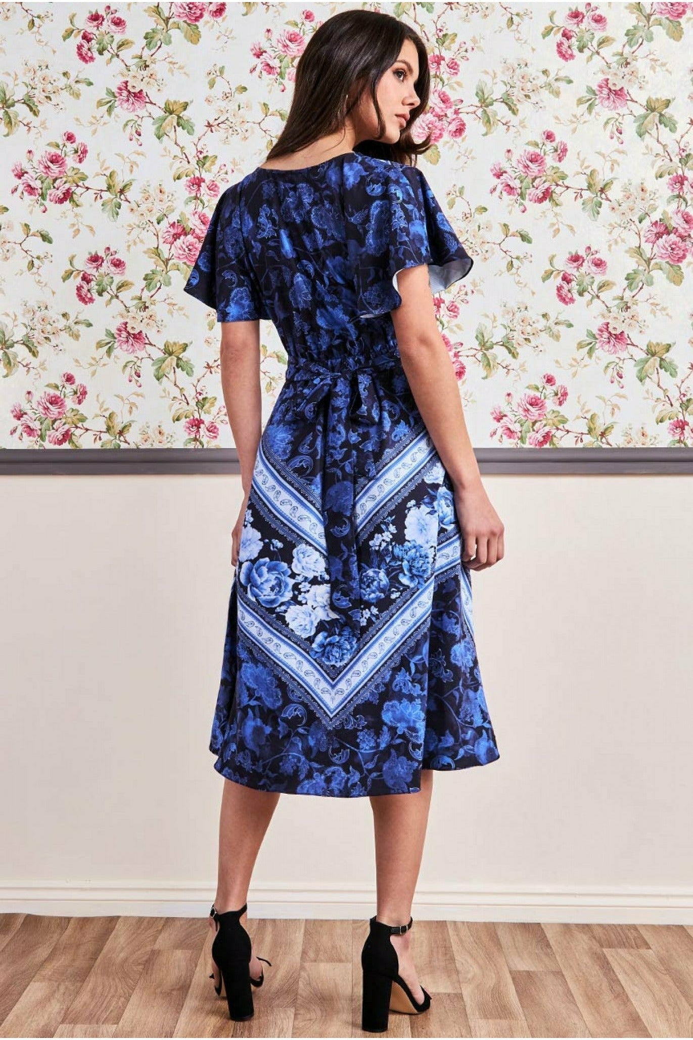 Goddiva Flutter Sleeve Wrap Style Midi Dress - Navy