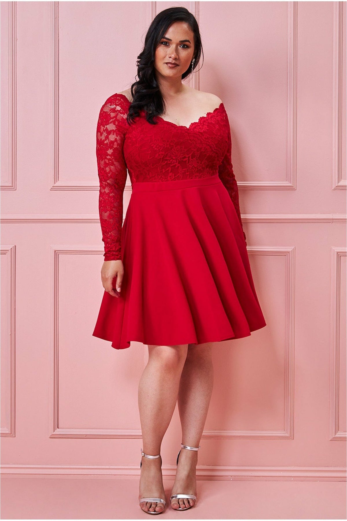 Goddiva Plus Off The Shoulder Lace Skater Dress - Red