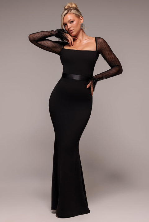 Goddiva Dobby Mesh Feather Sleeve Evening Maxi Dress - Black