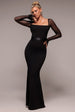 Goddiva Dobby Mesh Feather Sleeve Evening Maxi Dress - Black