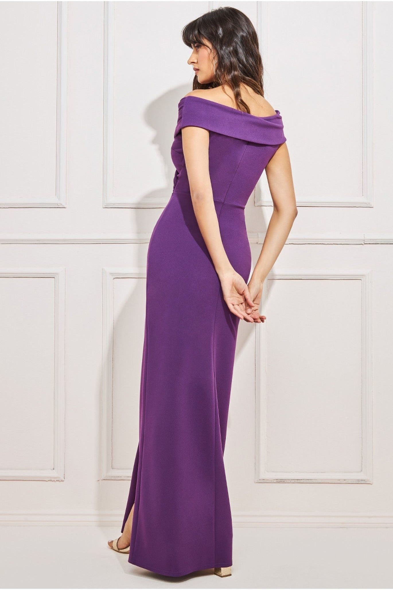 Goddiva Scuba Bardot Wrap Maxi Dress - Purple