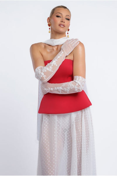 White - Goddiva Floral Embroidered Mesh Gloves