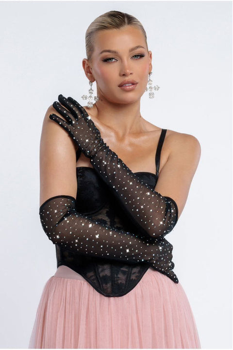 Goddiva Diamante Embellished Mesh Gloves