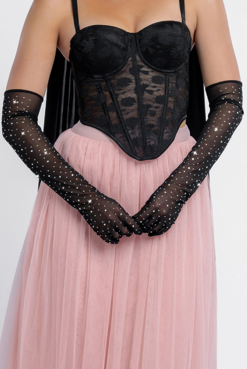 Goddiva Diamante Embellished Mesh Gloves
