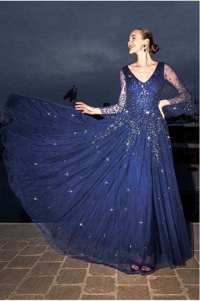 NavyBlue - Goddiva Sunray Hand Embellished Sequin A-Line Bell Sleeve Maxi Dress - Navy Blue