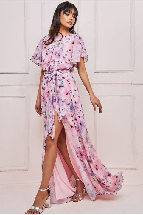 Goddiva Wrap Back Flutter Sleeve Maxi Dress - Pink