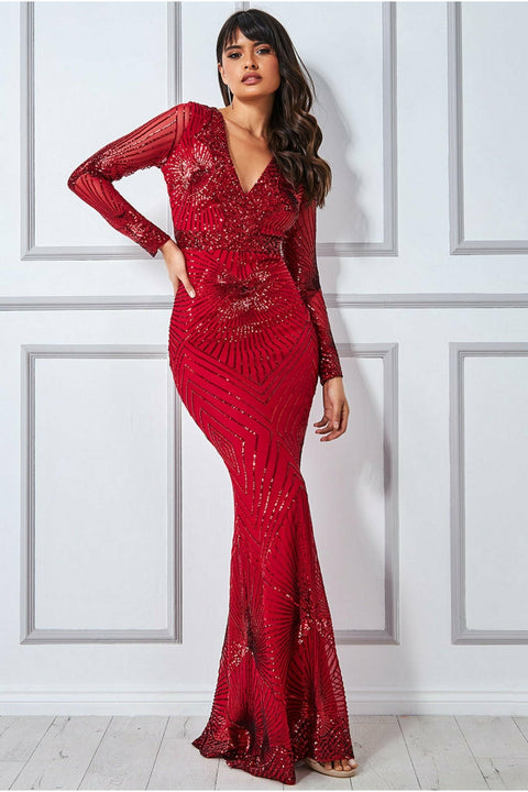 Goddiva Starburst Effect Maxi Dress - Red