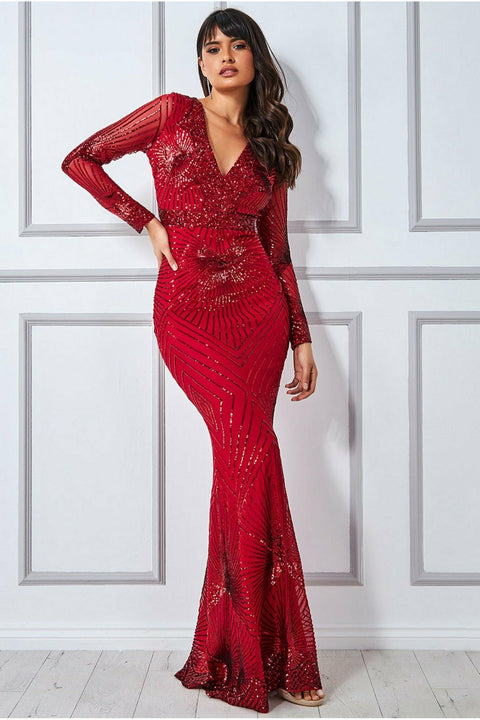 Goddiva Starburst Effect Maxi Dress - Red