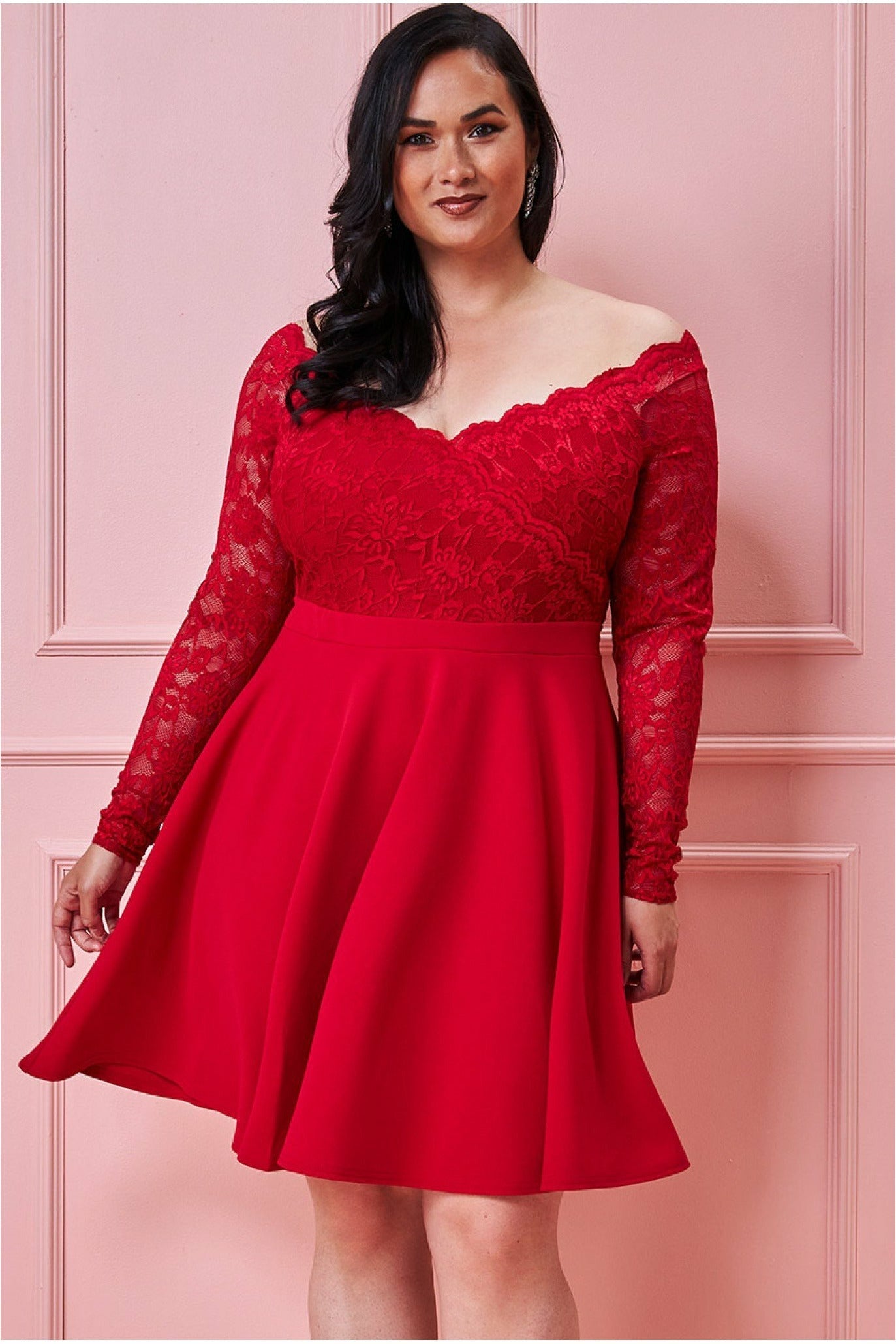 Goddiva Plus Off The Shoulder Lace Skater Dress - Red