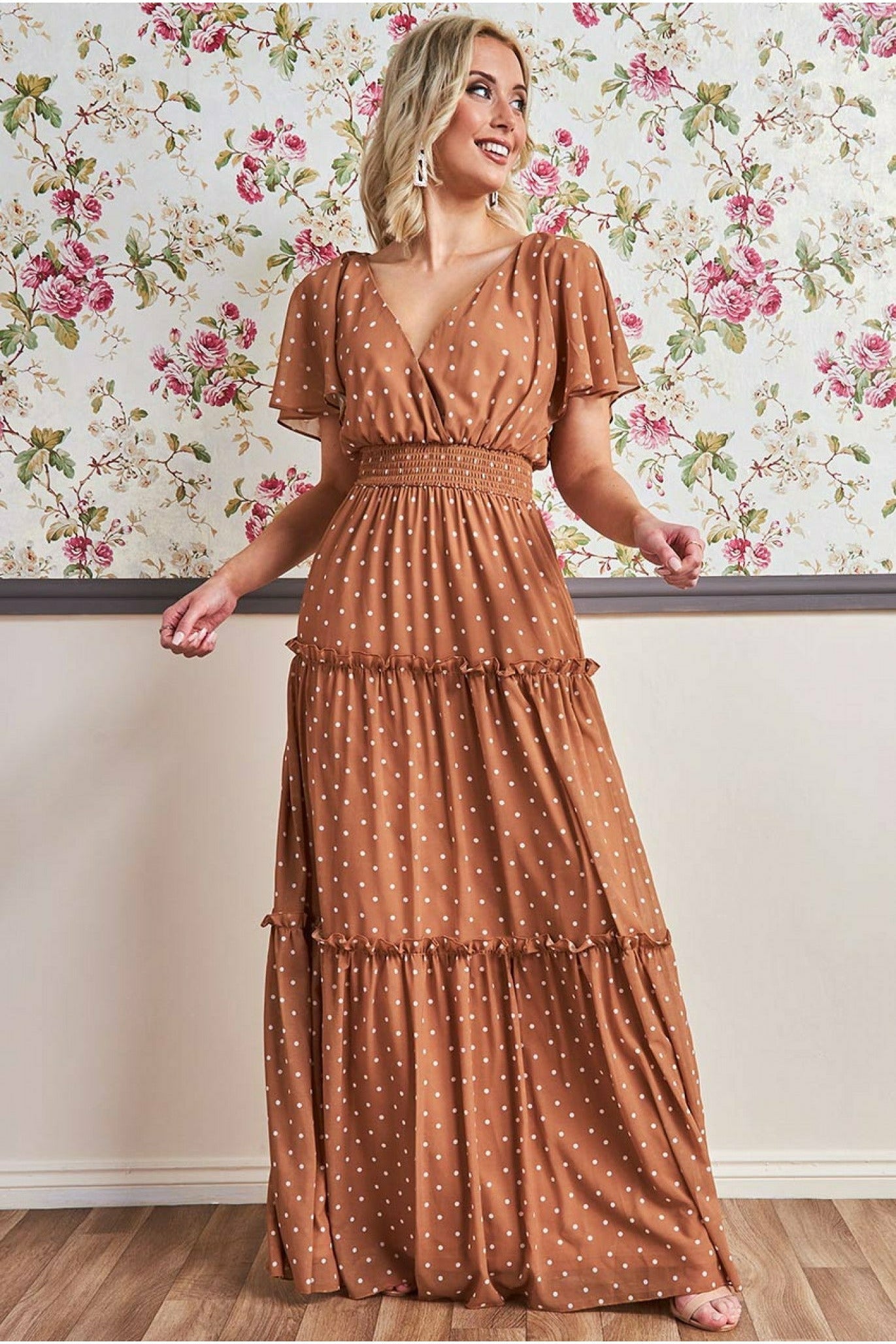 Goddiva Polka Dot Tiered Chiffon Maxi Dress - Brown