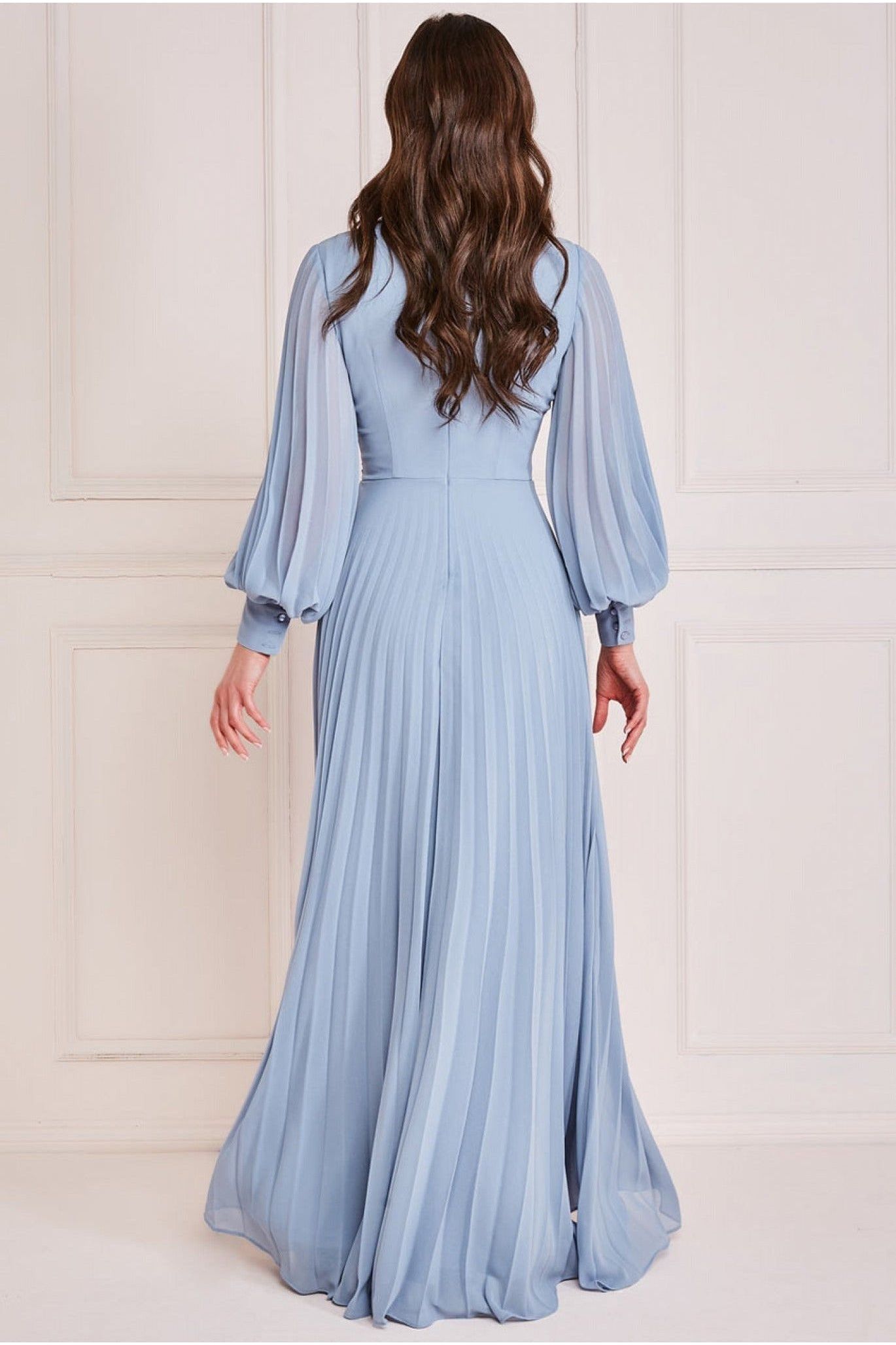 Goddiva Fully Pleated Chiffon Maxi Dress - Blue