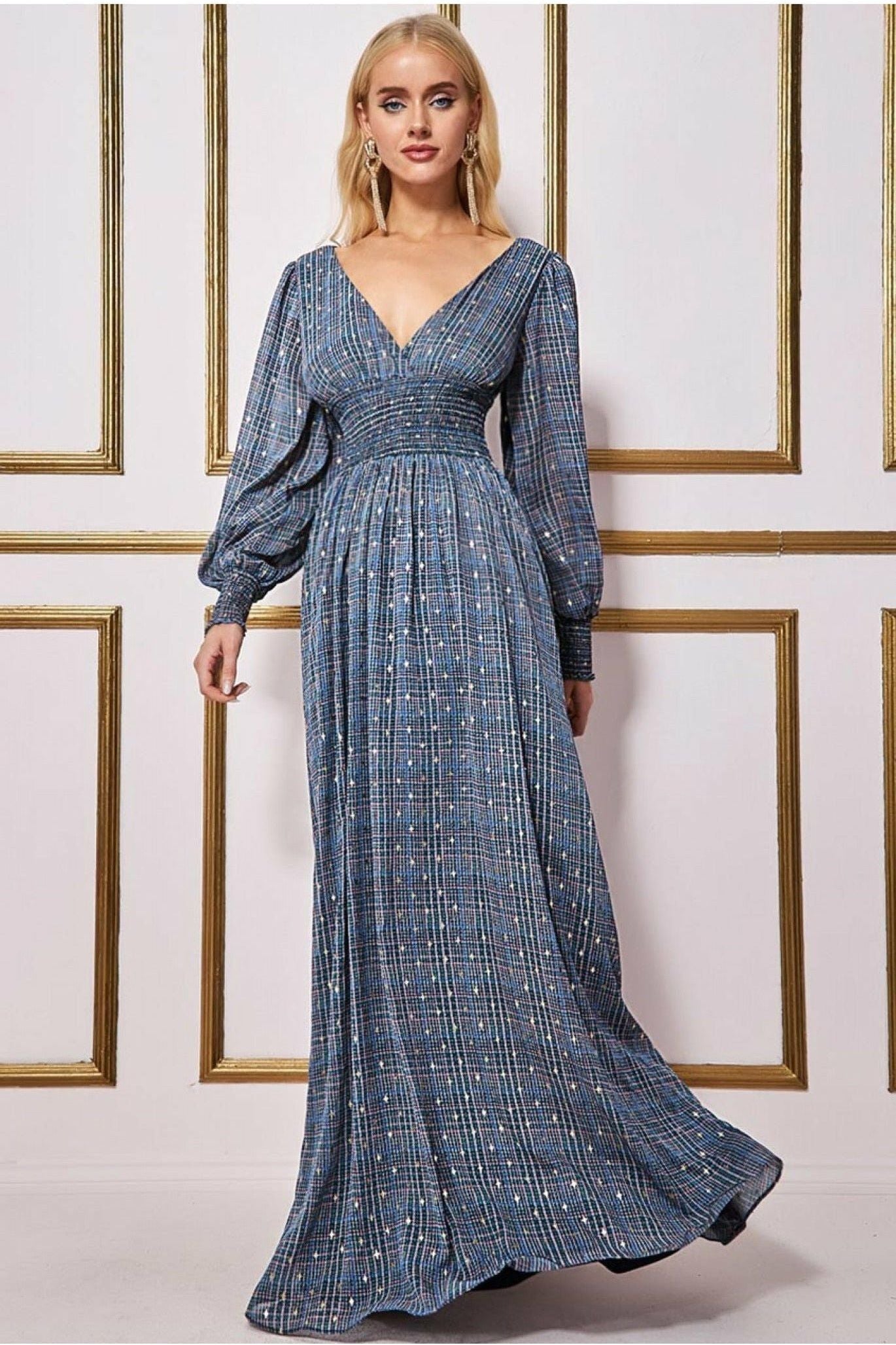 Goddiva Long Sleeve Maxi Shirred Waistband - Check Print