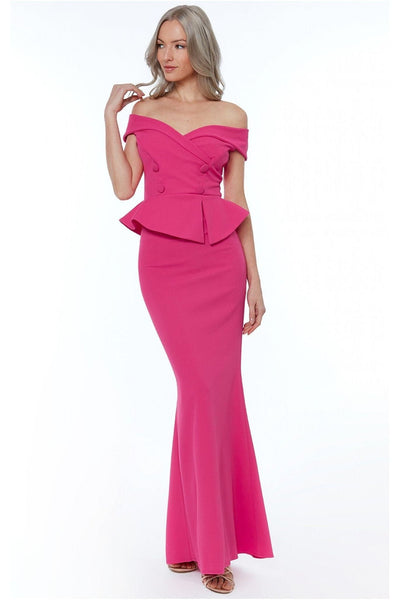 Cerise - Goddiva Bardot Crossover Maxi Dress - Cerise