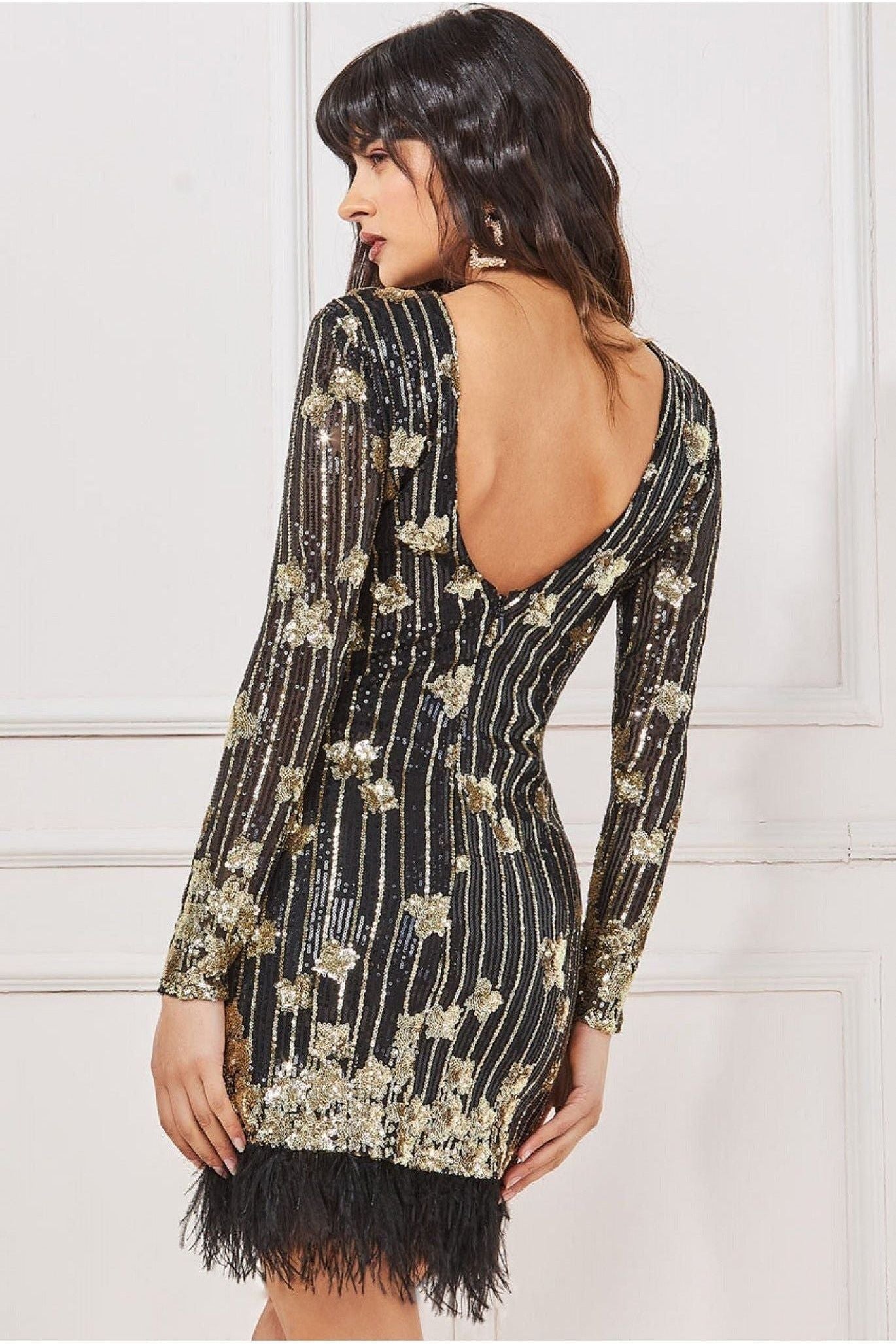 Goddiva Sequin And Feather Open Back Mini - Black