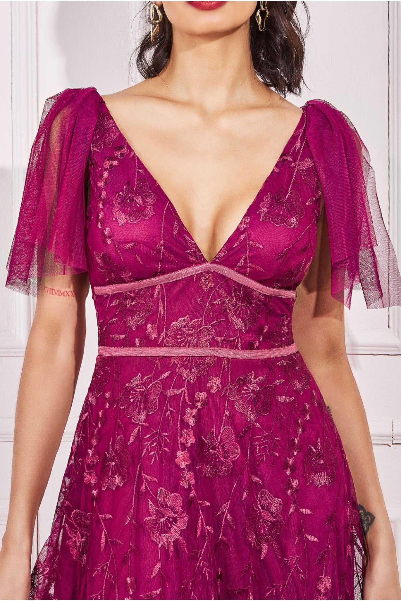 Goddiva Embroidered Lace Maxi Flutter Sleeves - Magenta