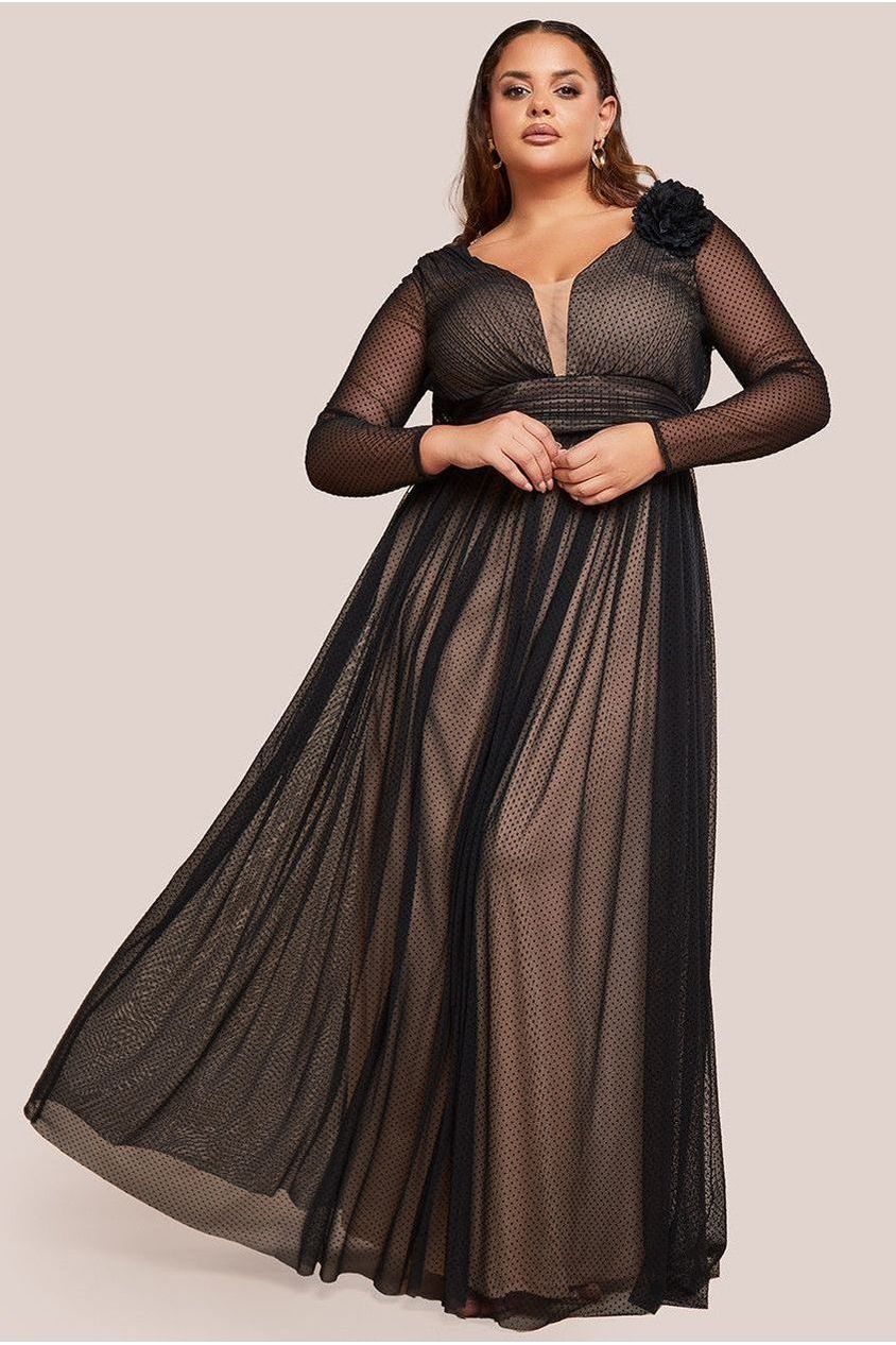 Goddiva Plus Corsage Dobby Mesh A-Line Maxi Dress - Black