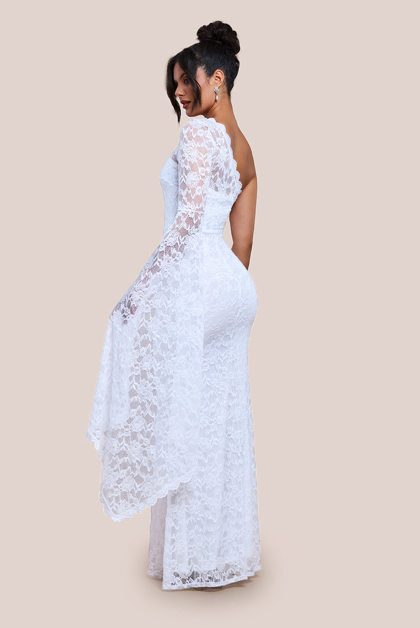 Goddiva One Shoulder Scalloped Neck Maxi Dress - White