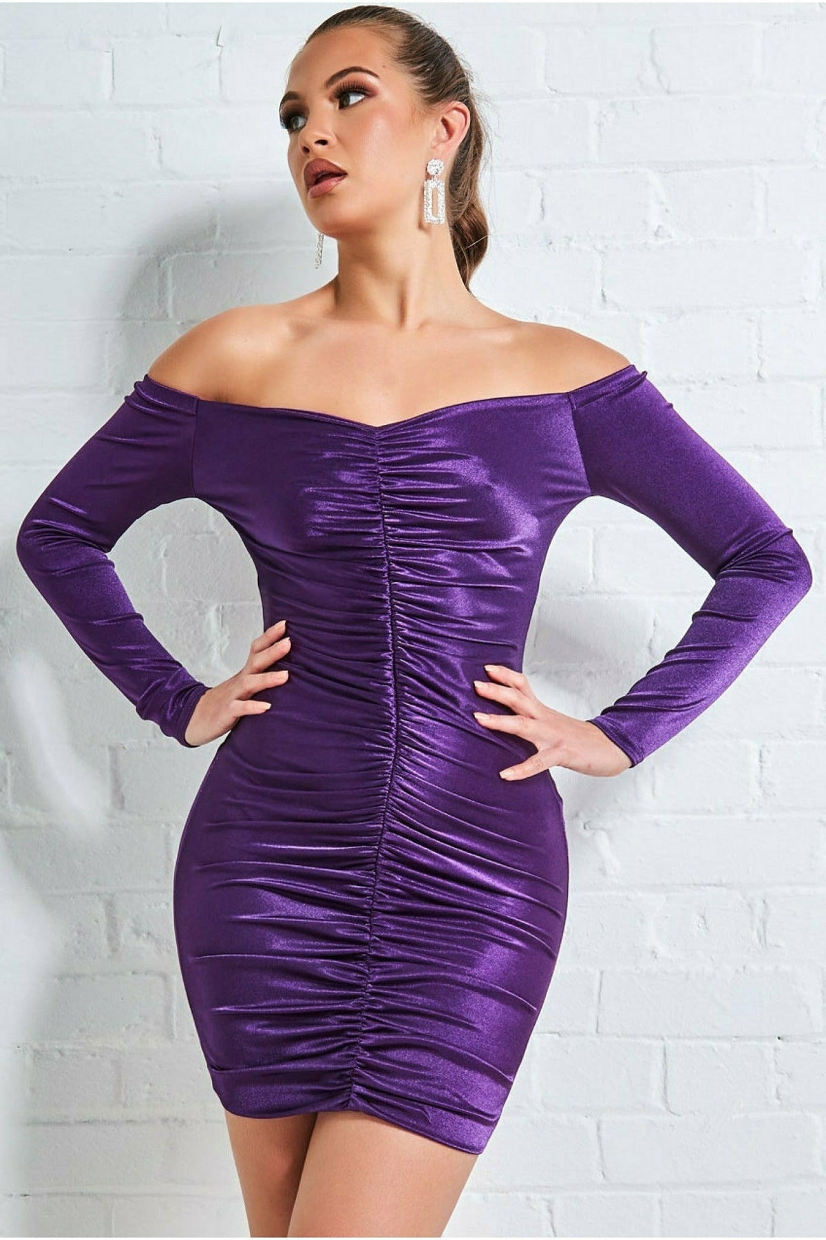 Goddiva Off The Shoulder Ruched Mini - Purple