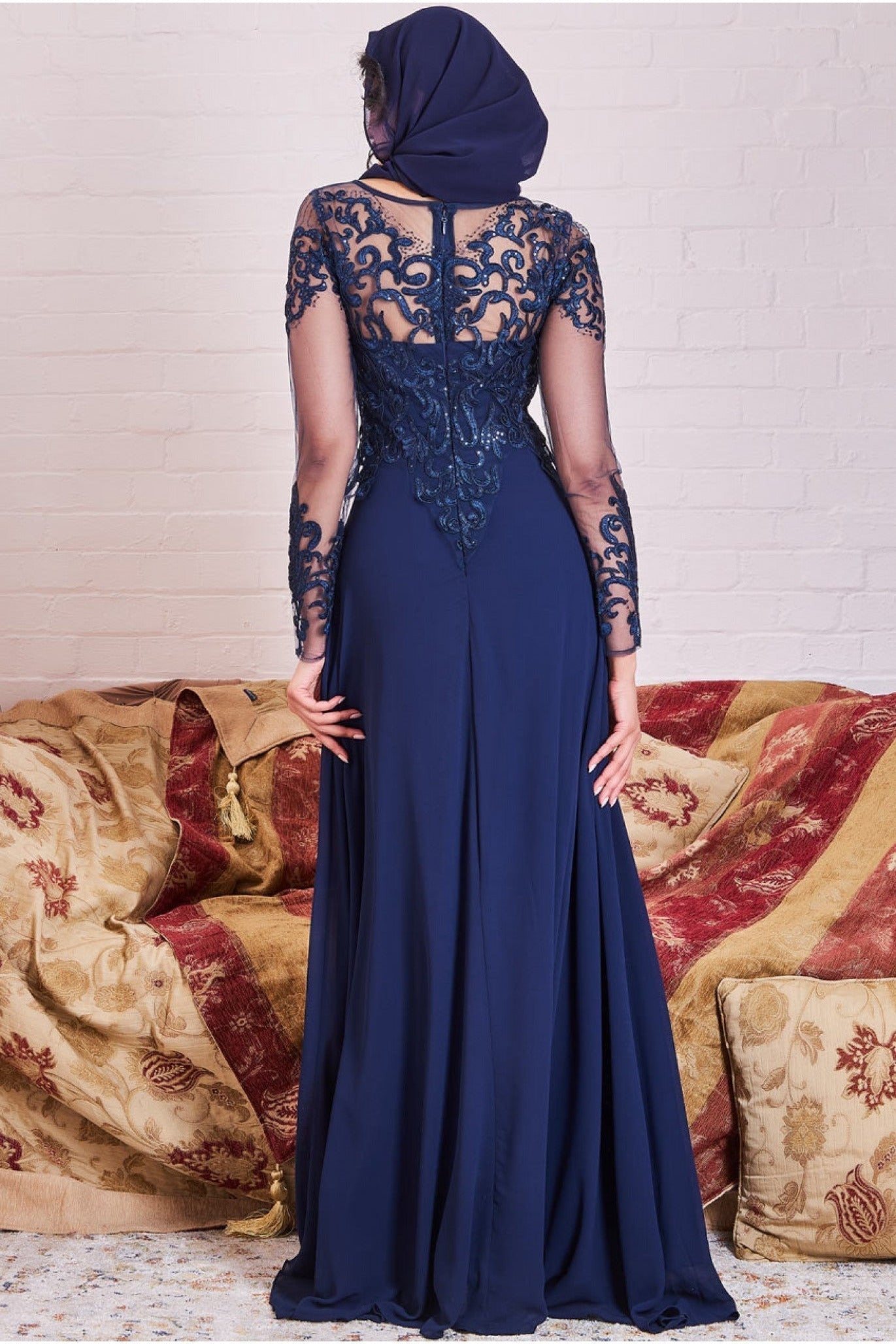 Goddiva Modesty Mesh & Lace Maxi Dress - Navy