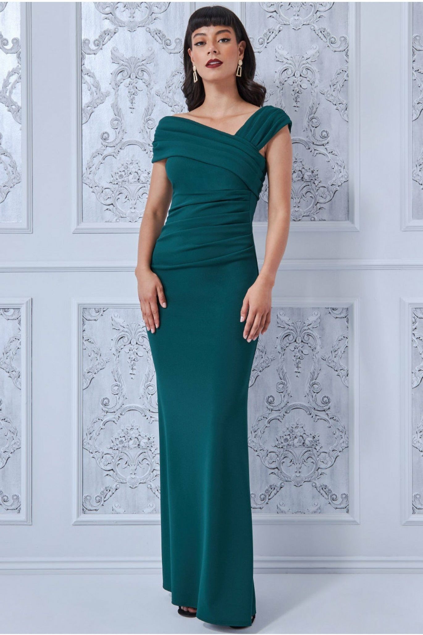 Goddiva One Shoulder Evening Maxi Dress - Emerald